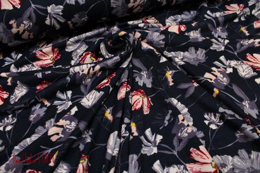 Viscose Jersey dunkelblau mit roten Blumen