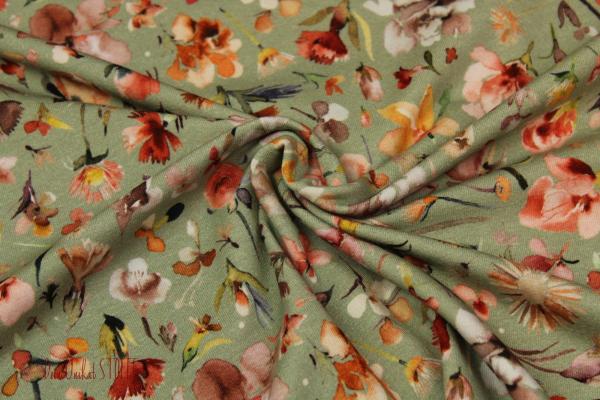 Jersey Aquarell Blumen altgrün